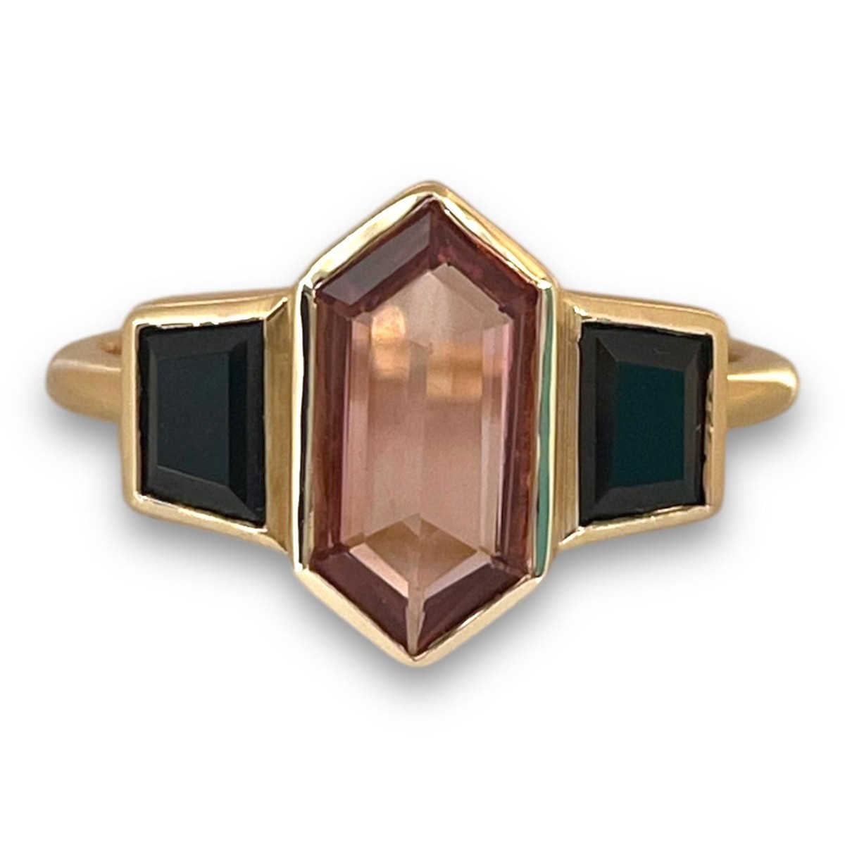 14K Yellow Gold Rubellite Tourmaline Black Spinel Ring