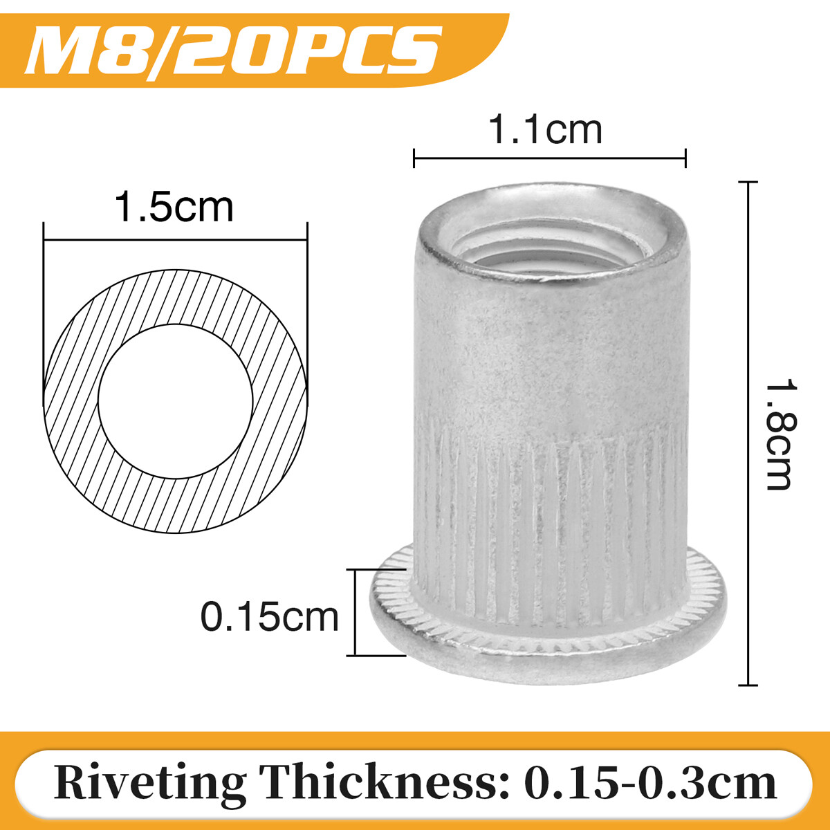 20Pcs Aluminum Flat Head Flange Nutserts Threaded Rivet Nut Rivnut Nutsert M8