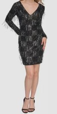 Guess Women's Black Sequined Fringe Checked V-Neck Dress Size 8