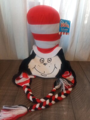 Dr Seuss laplander Hat, Cat In The Hat Embroidered Full Face ties over ears NWT