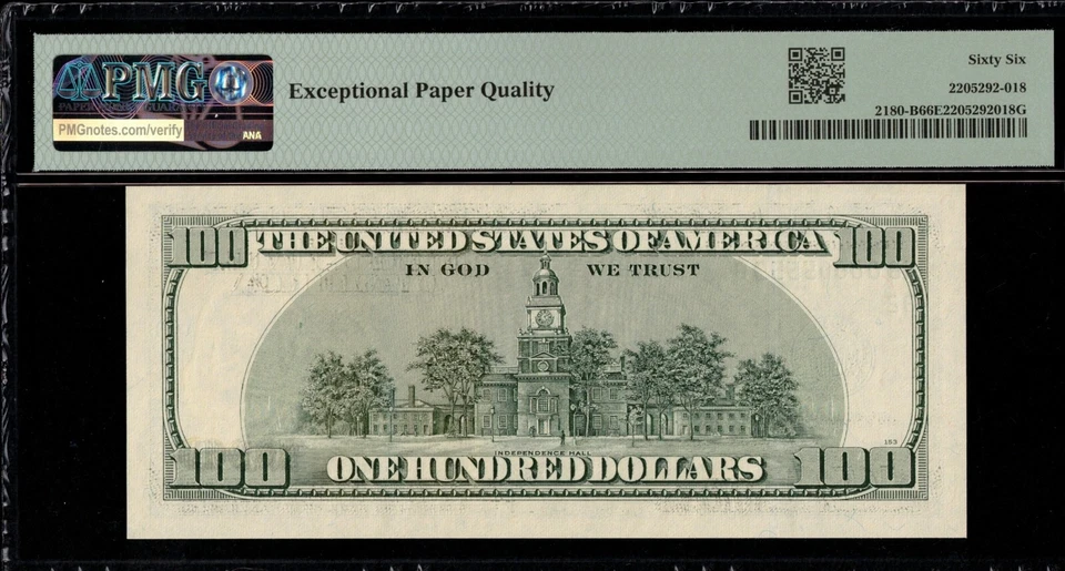 2006 $100 FRN HB00005555G P.M.G #66EPQ - Image 2 of 3