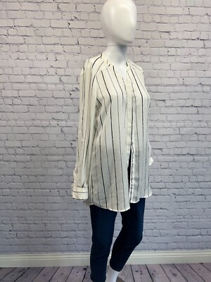 Apt 9 Button Up Shirt Roll Tab Sleeve V Neck Womans XS White with Black Stripe