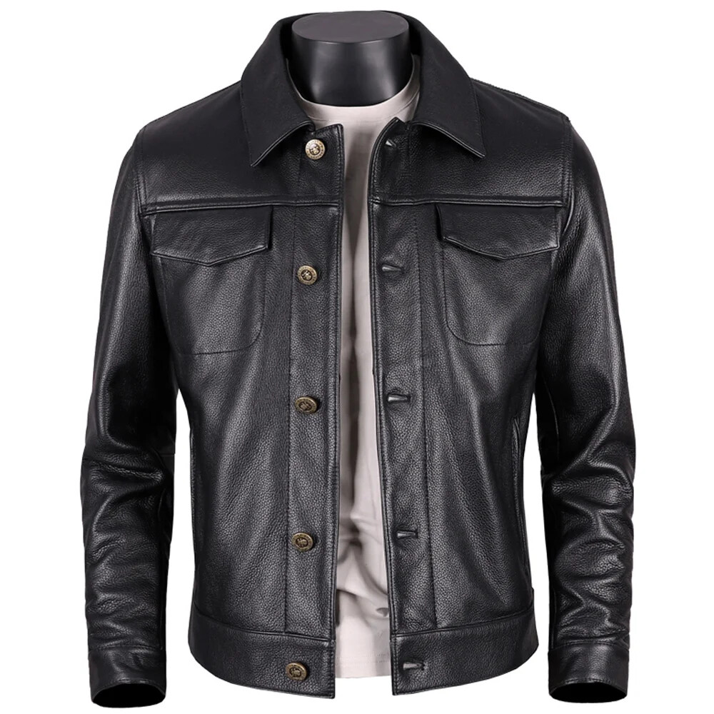 Men's Cowhide Leather Jacket Black Button Down Vinatge Men's Cowhide Leather Jacket Black Button Down Vinatge