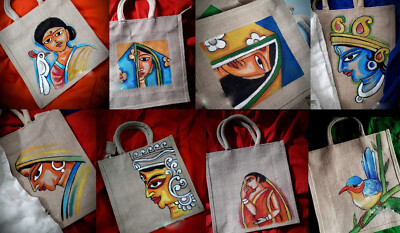 Vintage Handmade Ladies Kids Shoulder Art painting design Gunny Fabric Bag  Gift