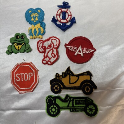 Lot Of 8 Vintage Patches Cars Lions Frog Stop Sign Elephant Anchor Flying A