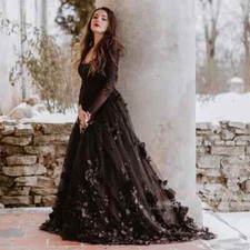 Long Sleeve Gothic a-line Wedding Dresses Retro 3D Floral Lace-up Bridal Gowns