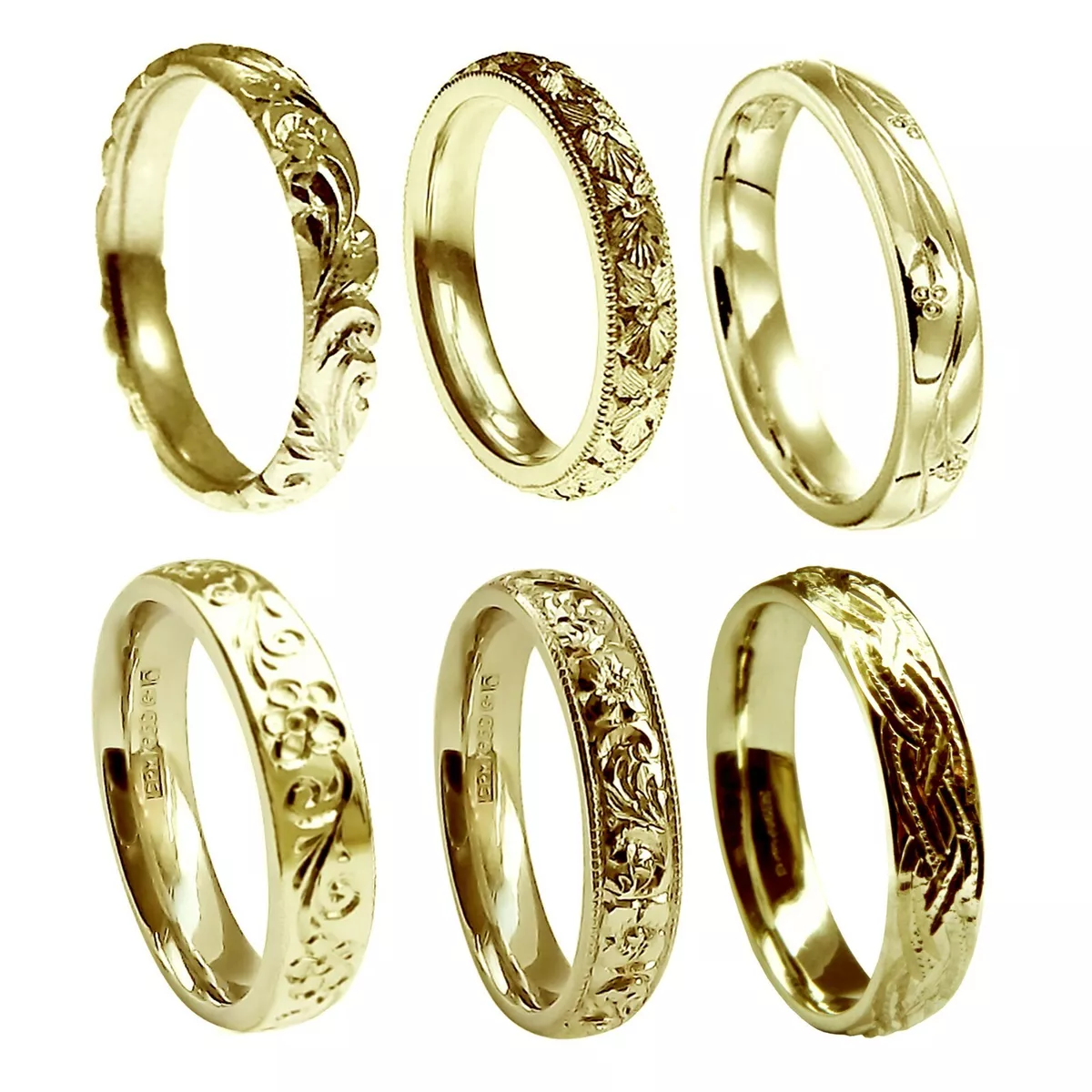 Hand Engraved Wedding Rings 9ct Yellow Gold 4mm Court Comfort NEW UK HM Bands