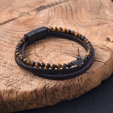 Men Tiger Eye Hematite Cross Leather Bracelet Stainless Steel Christian Bangle