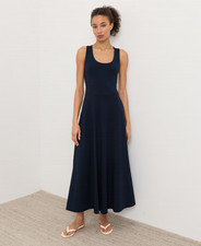 NEW PACT Organic Fit Flare Open Back Maxi Dress, Navy