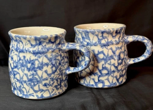 2 Workshops of Gerald Henn Blue Spongeware Mugs Roseville Ohio Made in the USA