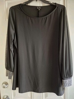 NICOLE MILLER Stretch Knit Top - 3X (2X??) - Bateau Neck, Long Sheer Sleeves