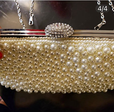 Ivory Faux Pearl Rhinestone Beaded Clutch Evening Bag w/ Chain, Silver