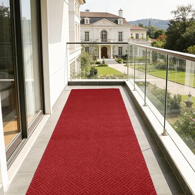 Geometric Runner Rug 3 x 15 ft Indoor Outdoor, Burgundy Non Slip Backing, Wat...