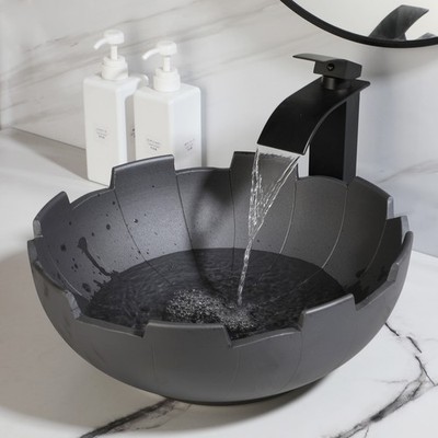 Dark Gray Unique Bathroom Vessel Sink 15'' Round Ceramic Basin Bowl Black Faucet