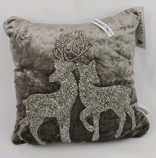 Bella Lux Gray Silver Beaded Deer Reindeer Christmas Pillow 10.5" X 10.5"