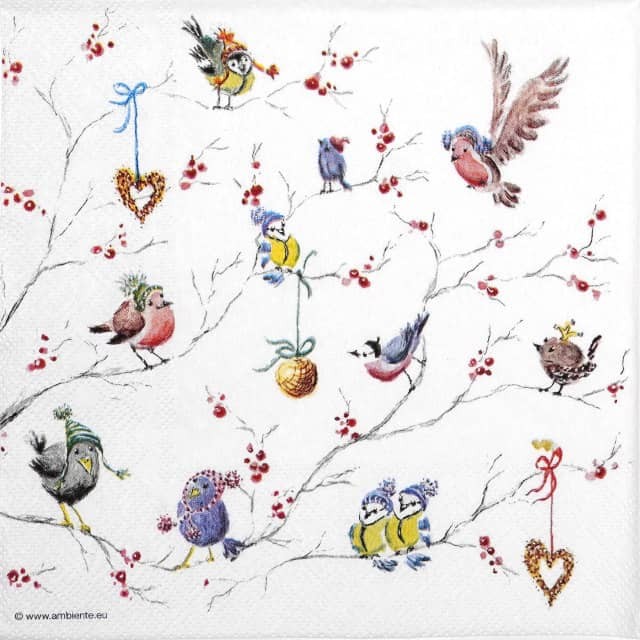 4x Birds on Tree Napkins 33x33cm  Festive Winter Paper for Decoupage DIY Craft