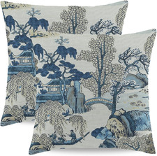 Chinoiserie Pillow Covers 18X18 Inch Set of 2, Asian Scenic Blue and Beige Throw