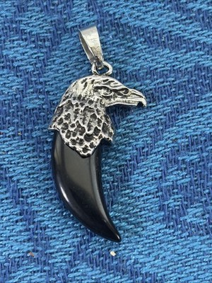 Silver Plated Eagle Head Black Claw Obsidian Gemstone Pendant EUC