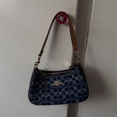 Coach Blue Denim Shoulder Bag with Logo Pattern, Gold Hardware