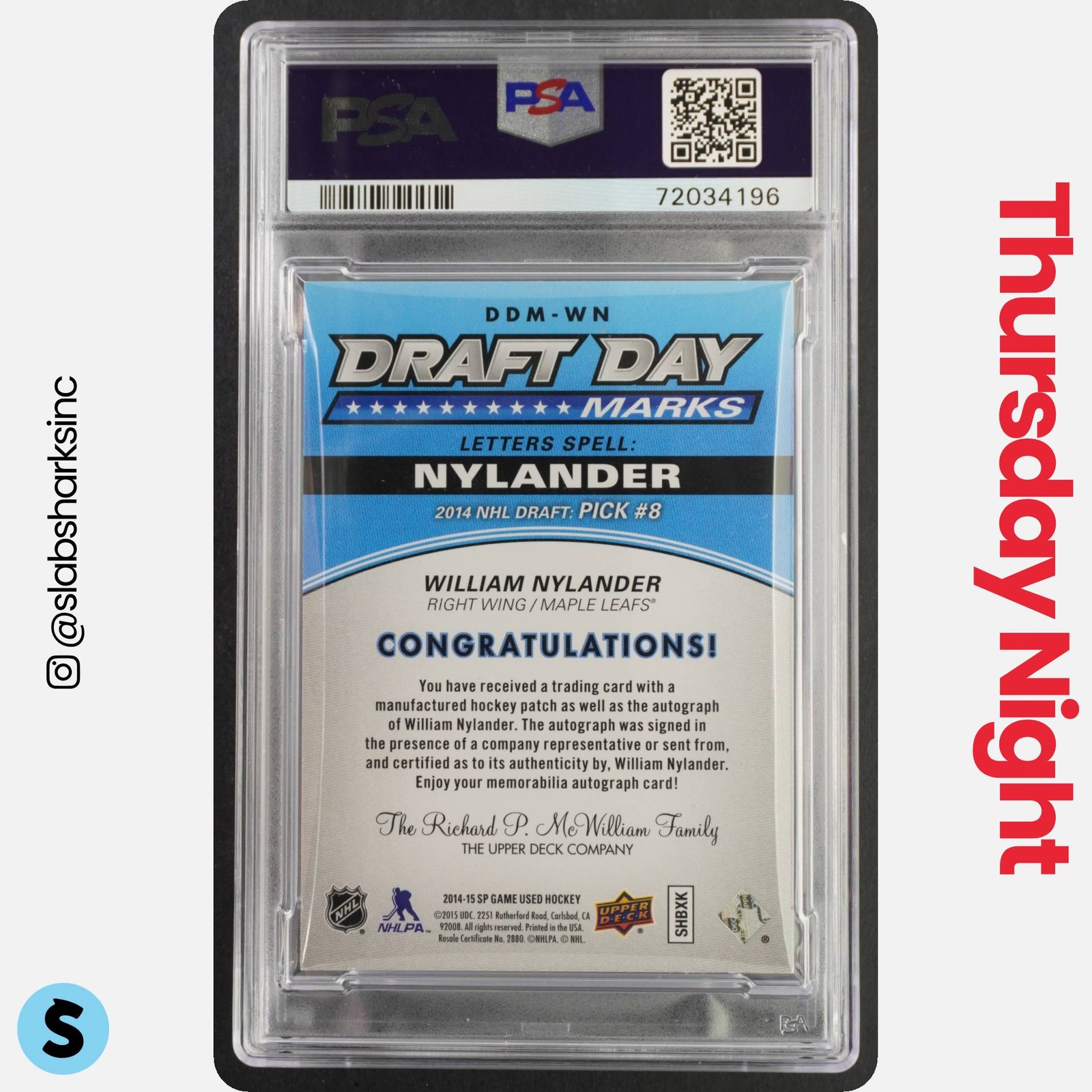 2016 SP GAME USED WILLIAM NYLANDER DRAFT DAY MARKS ROOKIE AUTO RC /35 PSA 9 view 2