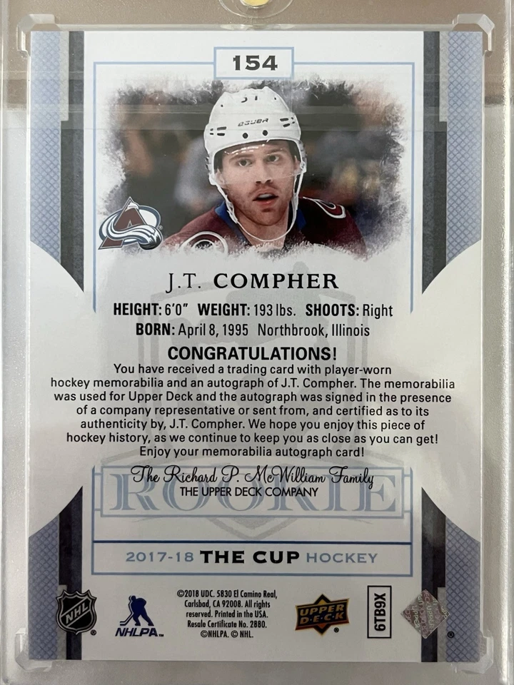 2017-18 The Cup #154 J.T. Compher RC PATCH AUTO ROOKIE /249 DETROIT RED WINGS - Image 3 of 3