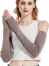 Novawo Wool Blend Warm Arm Warmers Super Soft Long Fingerless Gloves for Tan 