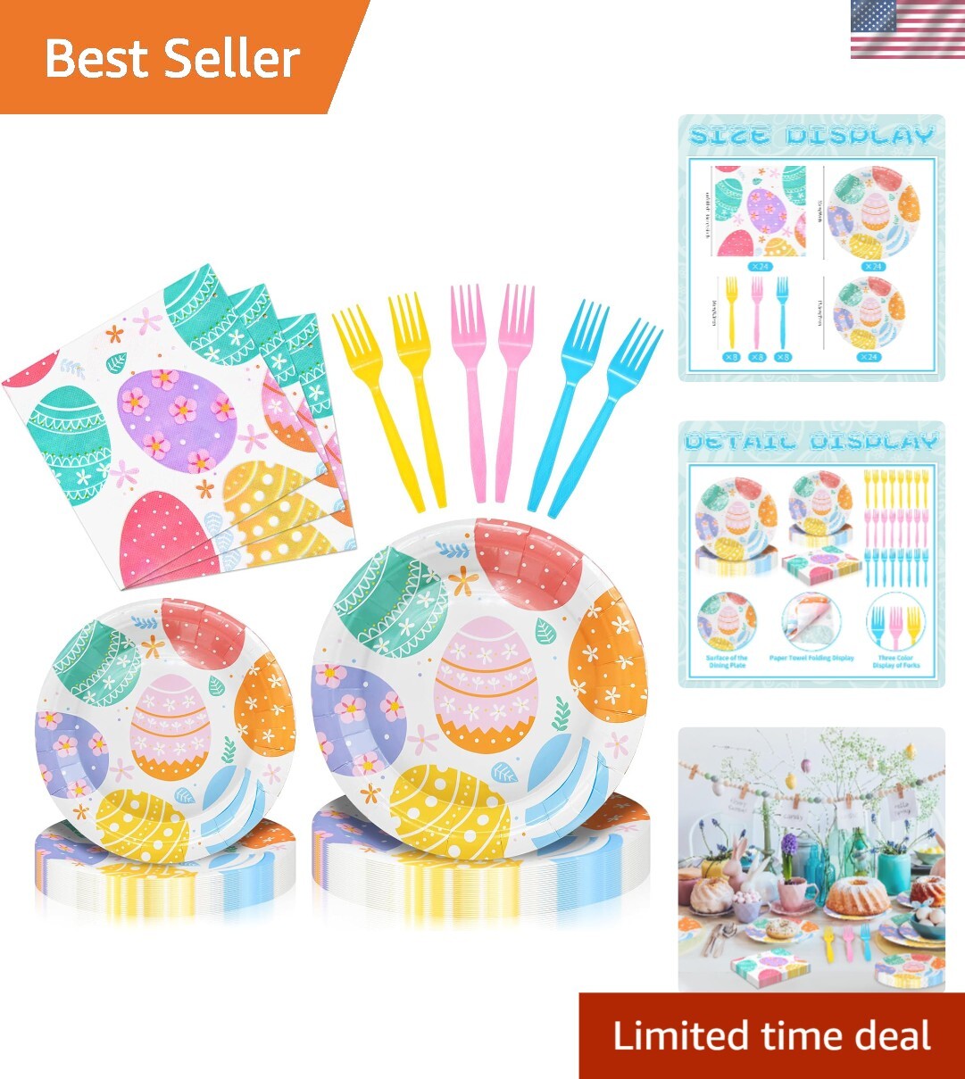 Colorful Egg Pattern 96-Piece Disposable Dinnerware Set for Easter Celebrations