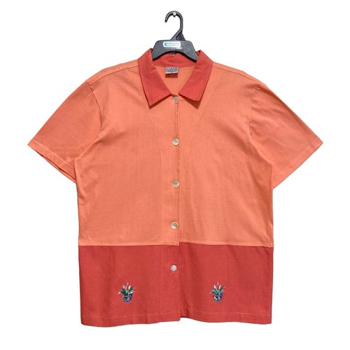 Magic Button-Down Blouse Women’s Size XL Orange Short Sleeve Floral Embroidered