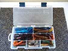 Mixed Lot Of 50 Soft Plastic Craws,Grubs,Hooks & Sinkers In Plano Plastic Case