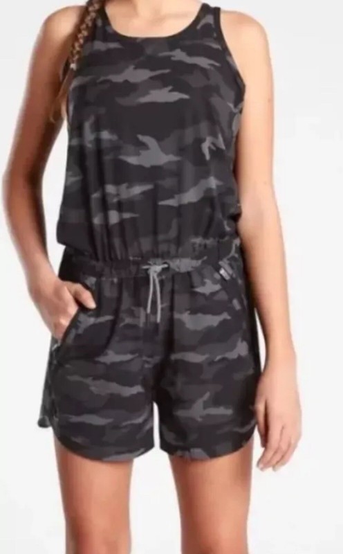 New Athleta Girl On The Go Romper Combinaison Short 8 10 Black Camo Camouflage ￼