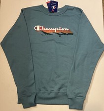 Champion Women Powerblend Fleece Relaxed Crew Sweatshirt Stroke Aqua Green NWT