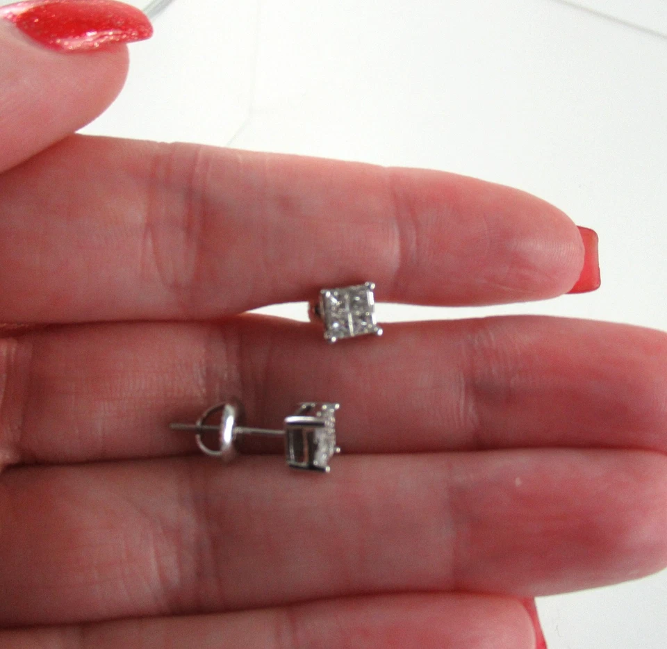 14k White Gold Diamond Earrings .50 CTW Princess Cut Cluster Square I Color I1 - Image 2 of 2