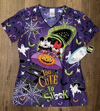 NWT women  s Disney Mickey Mouse Halloween Spider Web Scrub Top Size XXS