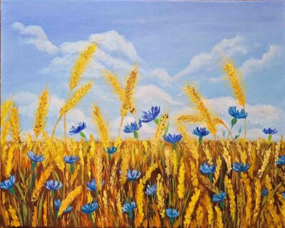 Wheat Field Oil Painting Landscape Cornflowers Blue Sky Art Floral Countryside 