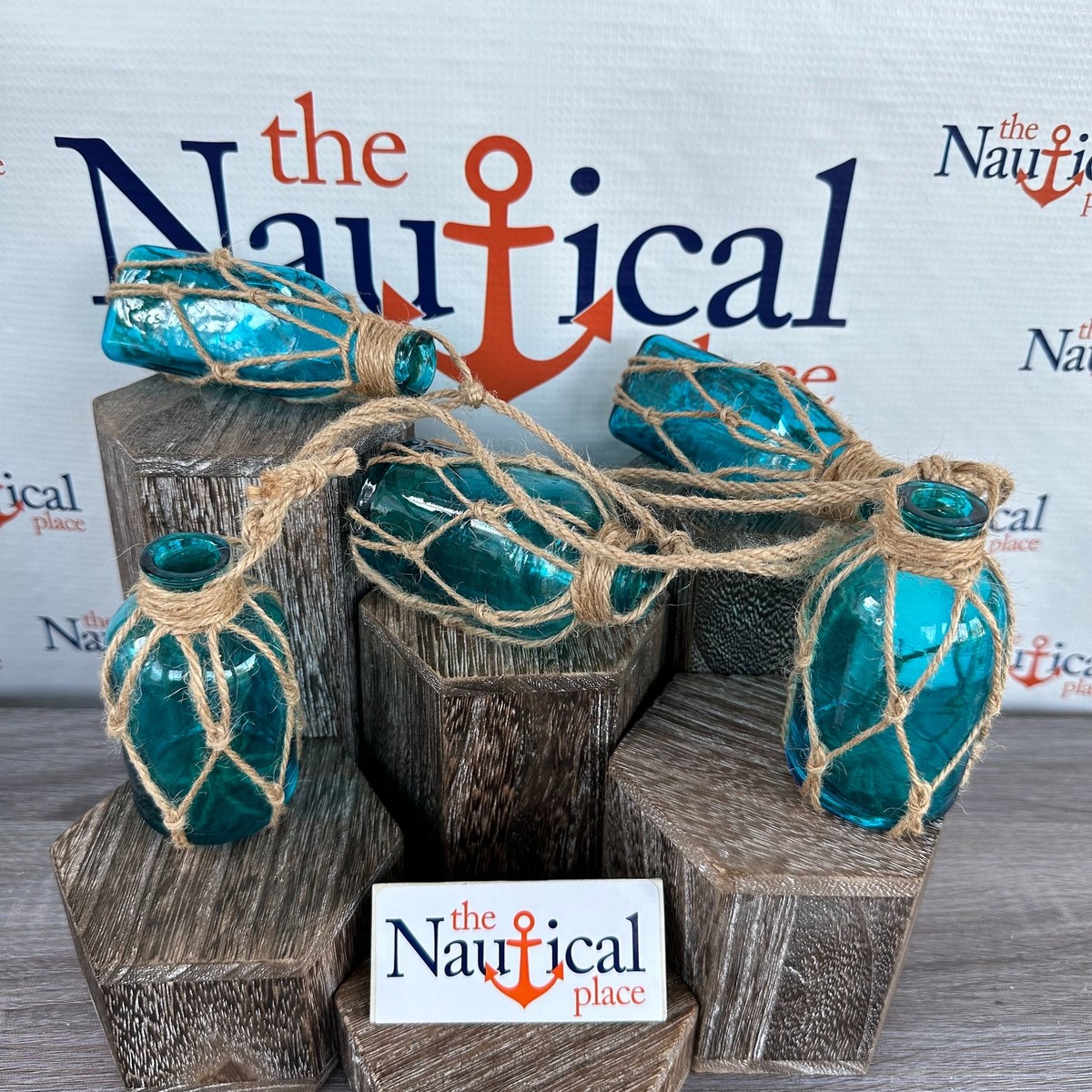 blue bottle candle fishing net 5 Aqua Glass Bottles On Jute Rope, Light Blue Old Style Floats, Nautical  Decor