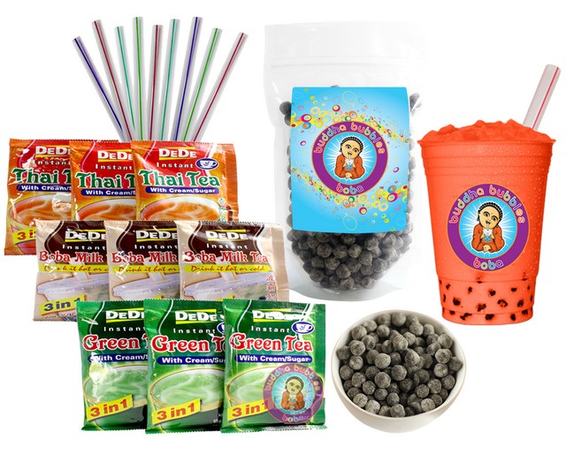 DeDe Instant Boba Tea Kit 9 Drink Packets, Straws & Boba Thai, Milk