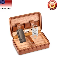 Brown Travel Leather Cigar Humidor Case Cutter 1 Jet Torch Lighter Set Gift Box