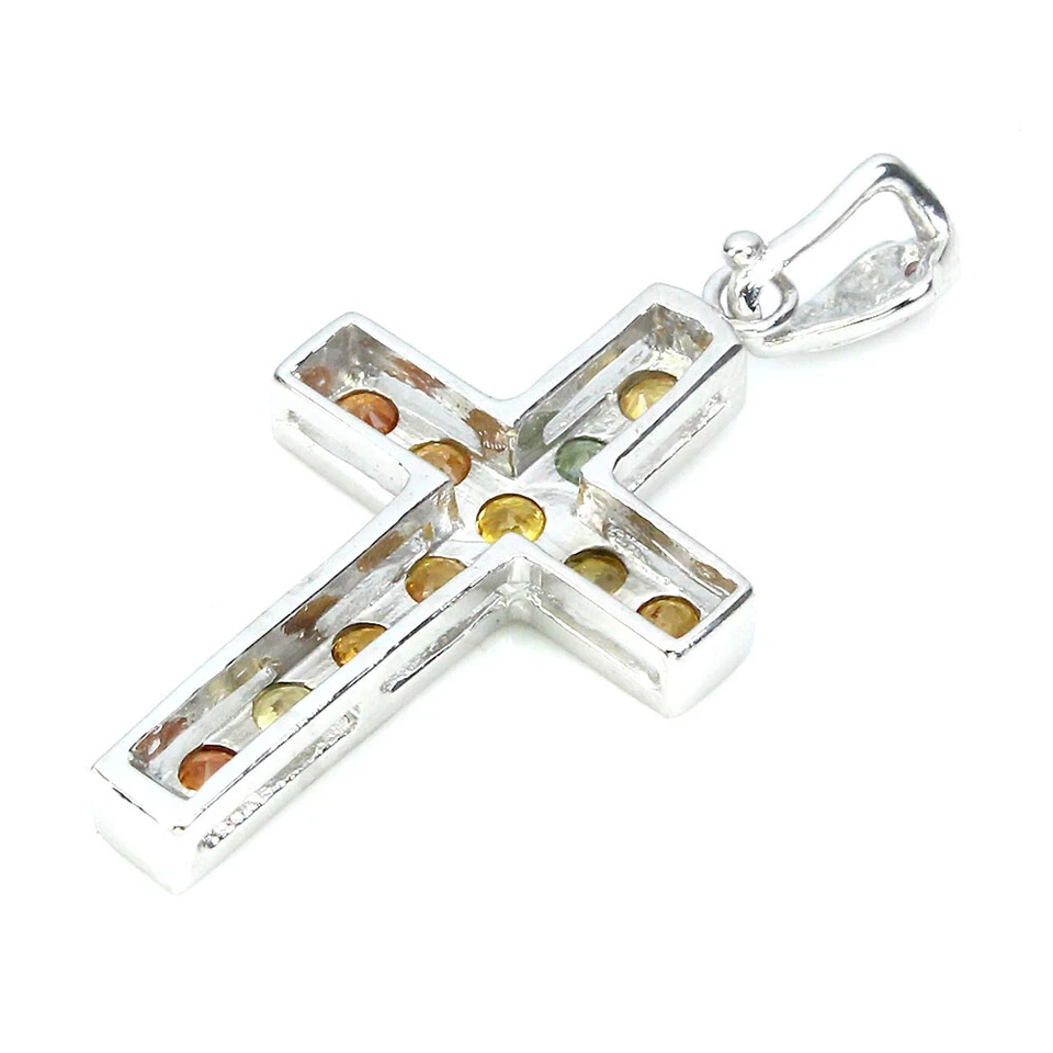 925 Argento Sterling Rotondo Zaffiro 3mm Rodolite Granato Croce Ciondolo - Immagine 3 di 4