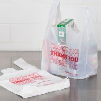 THANK YOU To Go Bags 11 1/2'' x 21'' x 6'' White Plastic Shopping T-Shirt Bags 1/6