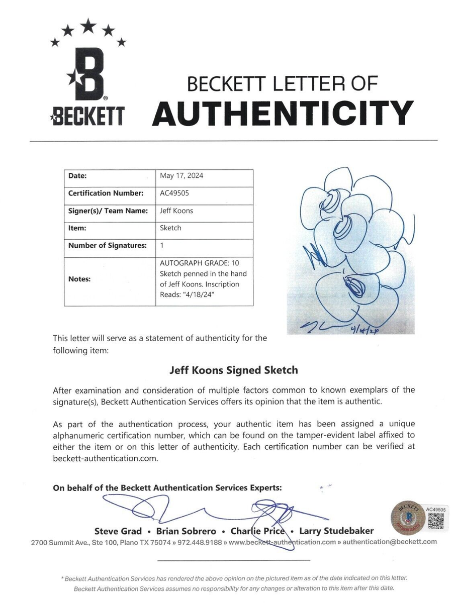 Jeff Koons Signed Artwork Sketch Original Drawing Autographed