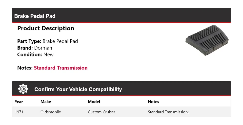 Pastilla de pedal de freno Oldsmobile Custom Cruiser Dorman 1971 Foto 2 de 4