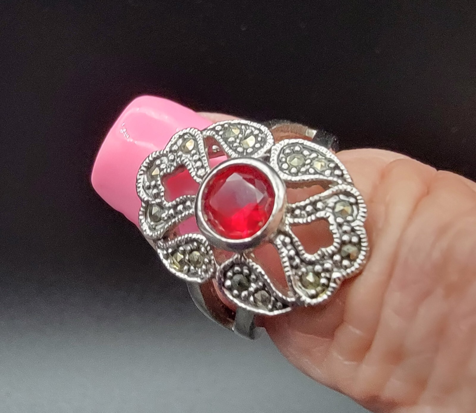 Marcasite Simulated Ruby Sterling Silver Ring Flo… - image 1
