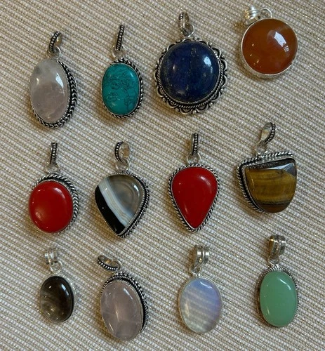 Tibetan Stone 12 Pendants Resin Stone Nickel Free Boho Retro Style - Silver Tone
