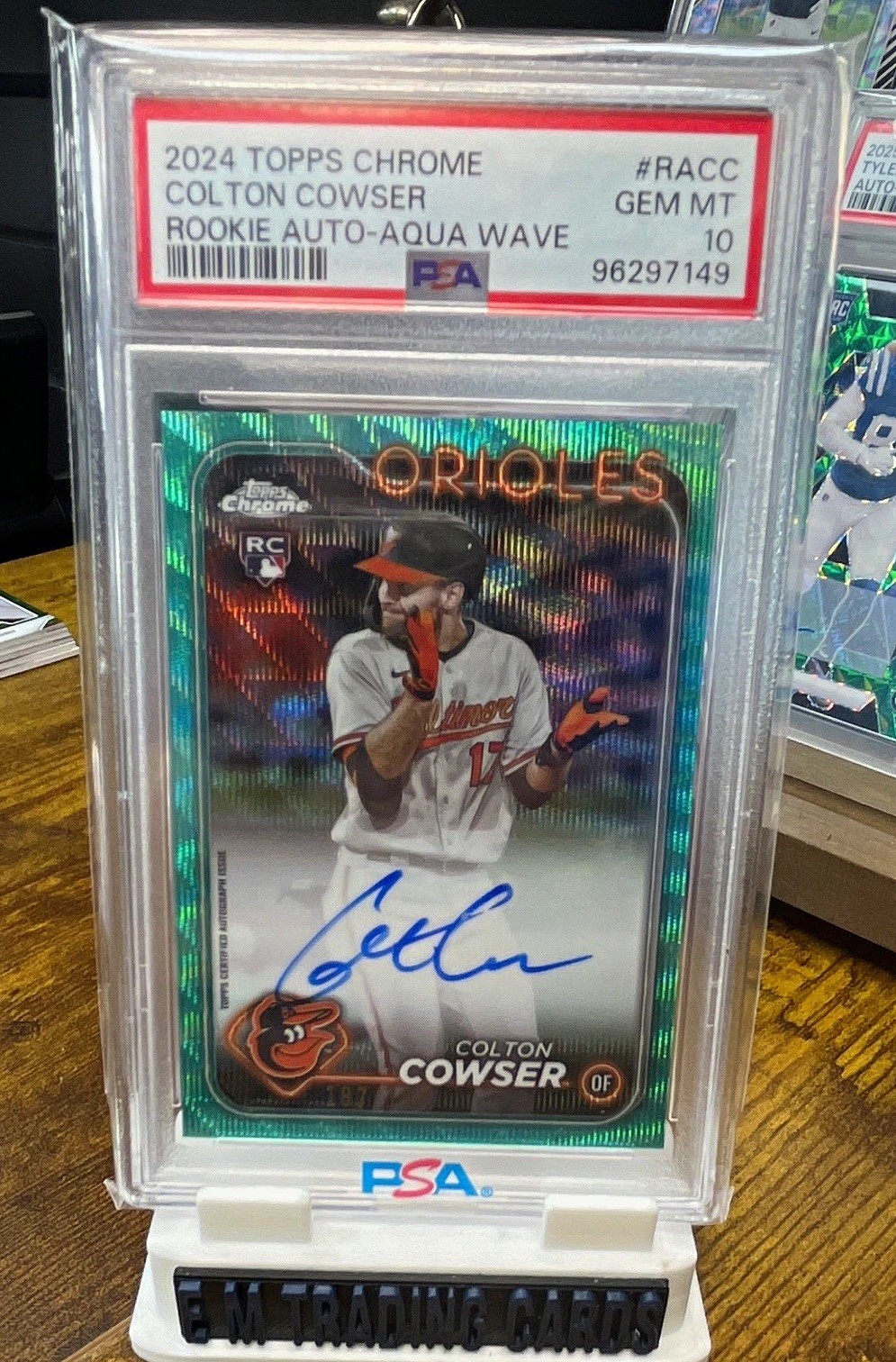 Topps 2024 Chrome Colton Cowser Rookie Auto RA-CC Aqua Wave /199 PSA 10 view 1
