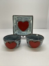 Studio Art Pottery 3 Pc Set Bowls Trinket Dish Blue W/ Red Heart Signed