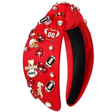 Red Football Mom Crystal Rhinestone Jeweled Wide Top Knot Headband Game Day