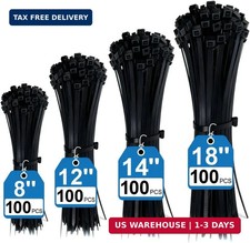 400 Pack Black Zip Ties Assorted Sizes 8 12 14 18 Inch, Heavy Duty 100lbs Self-L