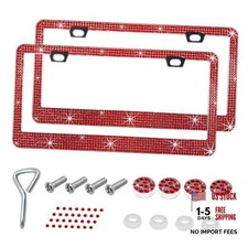 2PCS Bling License Plate Frame, Handcrafted Rhinestone License Plate Red, 2PCS