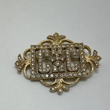 Vintage Brooch ORA Signed Letters Rhinestones Gold Pin Ornate Art Nouveau