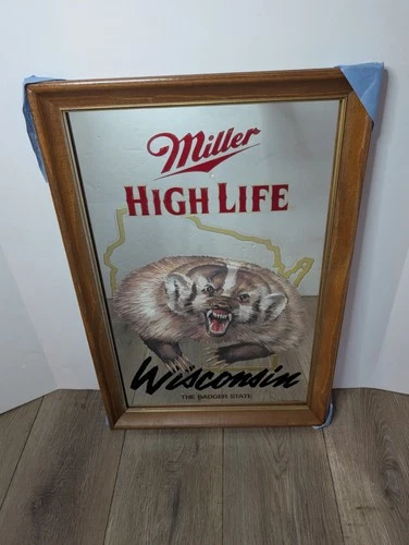VINTAGE 1994 MILLER HIGH LIFE BADGER STATE WISCONSIN BEER ADVERTISE MIRROR SIGN